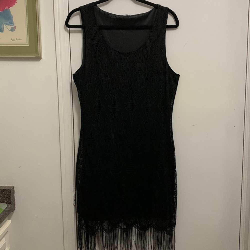 Venus Fringe Black Lace Overlay Dress